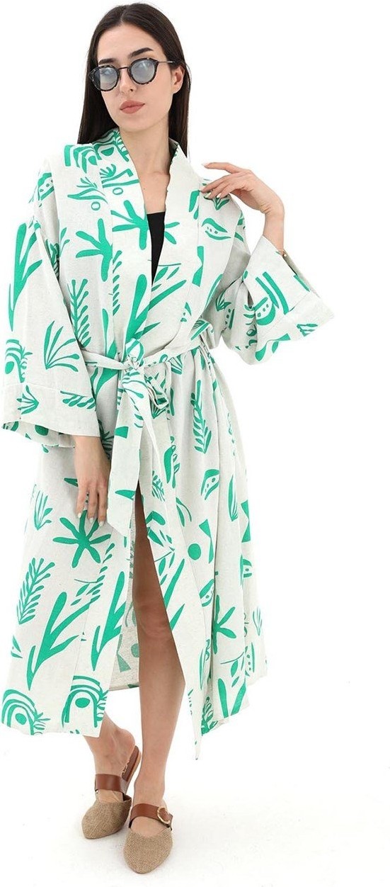 Isawella Baskılı Keten Kimono - Yeşil