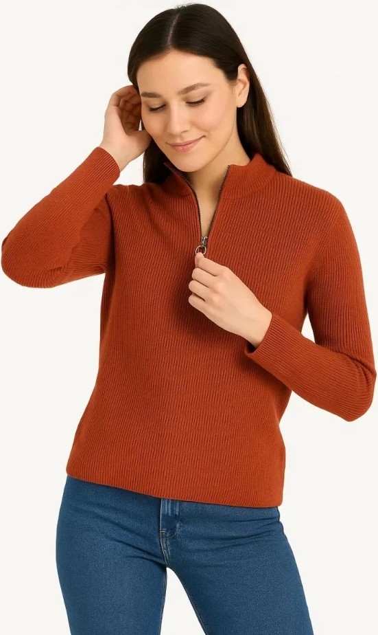 Kadın Yarım Fermuarlı Triko Kazak, Selanik Örgü, Dik Yaka, Pamuklu Dokuma, Oversize Uzun Kollu Kışlık Model - Kiremit görsel 2