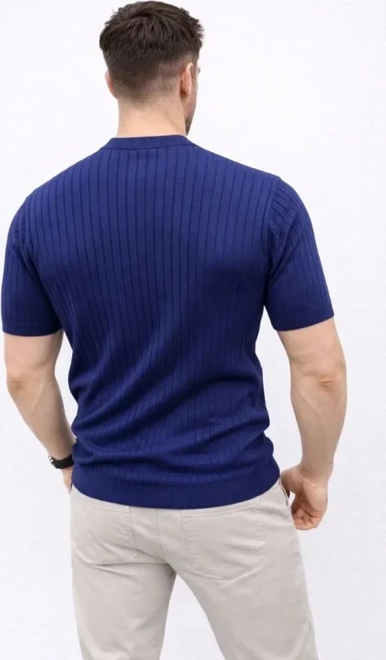 Erkek Kısa Kol Fitilli Triko T-Shirt Yazlık Hakim Yaka Tişört - Lacivert görsel 4