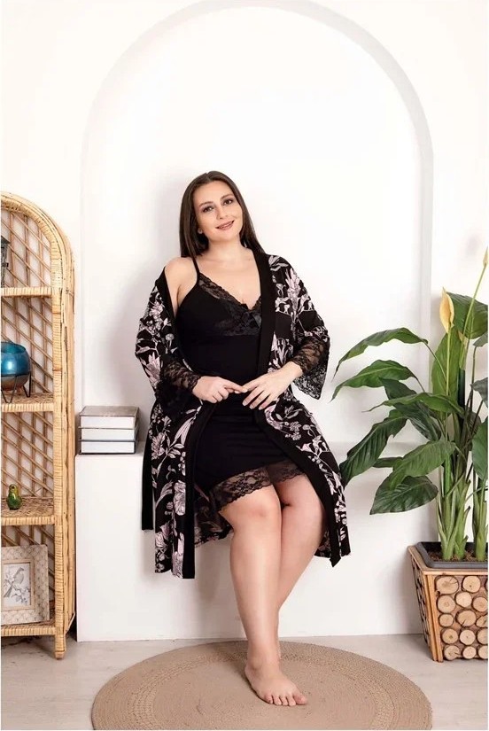 Ang Butik Büyük Beden Çiçek Desenli Dantel Işlemeli Siyah 2'li Gecelik Sabahlık Takımı