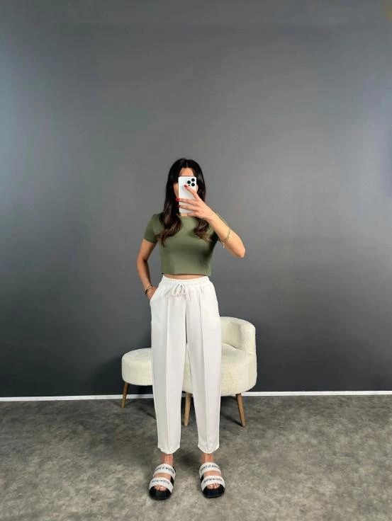 PHANTOM JEANS Kadın Füme Beli Lastikli Modal Kumaş Çımalı Bilek Pantolon Yumuşak Dokulu Şık Bağcıklı Pantolon