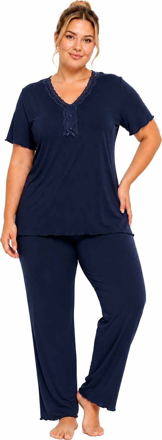 Özkan Underwear Özkan 1000-18-19 Kadın Bambu Kumaş Önü Patlı Dantelli Kısa Kollu Büyük Beden Pijama Takımı