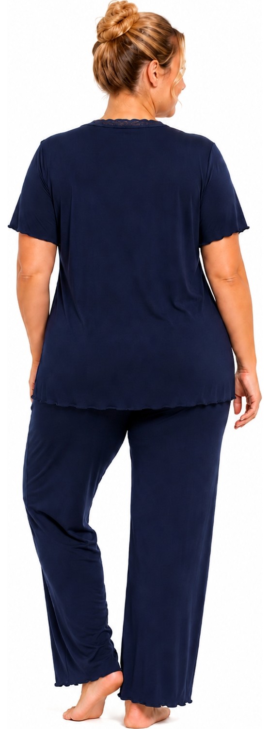 Özkan Underwear Özkan 1000-18-19 Kadın Bambu Kumaş Önü Patlı Dantelli Kısa Kollu Büyük Beden Pijama Takımı görsel 2