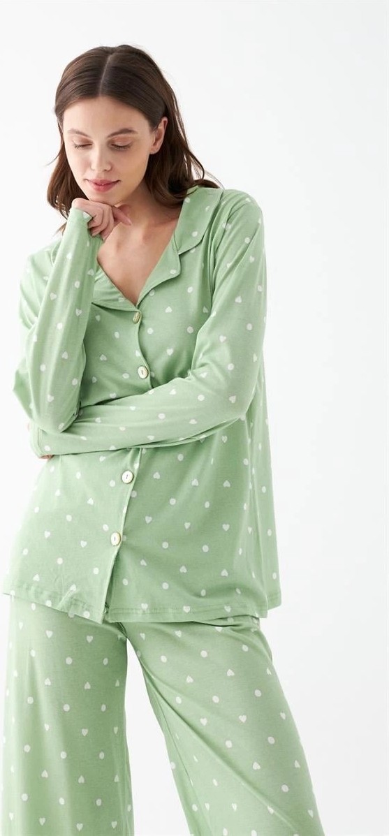 mery Kadın Yeşil Kalp Desenli Düğmeli Pamuklu Pijama Takımı Mery görsel 3