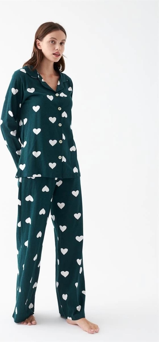 mery Kadın Zümrüt Yeşili Kalp Desenli Düğmeli Pamuklu Pijama Takımı Mery görsel 2