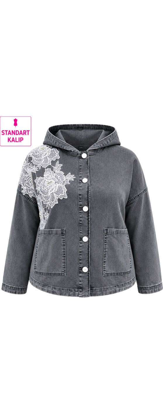 Trieste Wear Büyük Beden Denim Kapüşonlu Gül Deseni Işlemeli Boncuklu Önden Cep Detaylı Düğmeli Kadın Ceket görsel 2