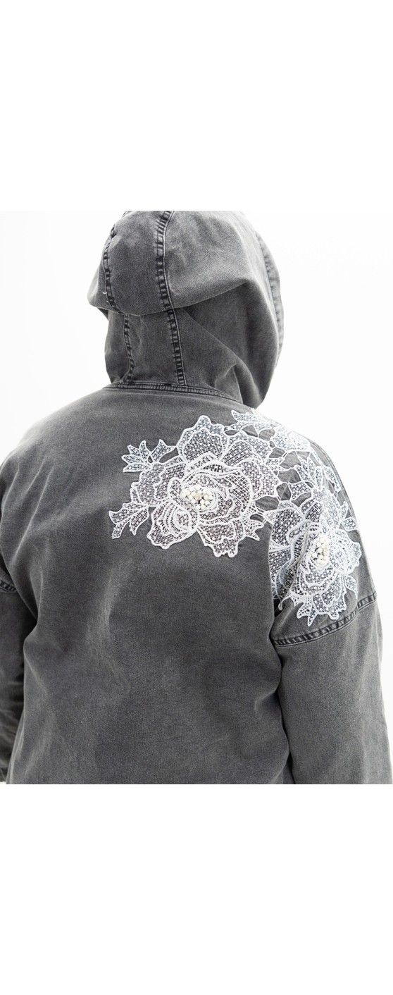 Trieste Wear Büyük Beden Denim Kapüşonlu Gül Deseni Işlemeli Boncuklu Önden Cep Detaylı Düğmeli Kadın Ceket görsel 5