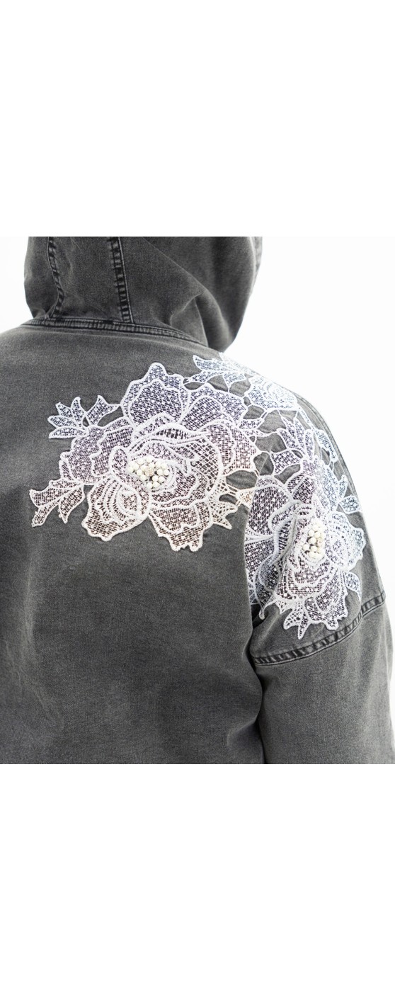 Trieste Wear Büyük Beden Denim Kapüşonlu Gül Deseni Işlemeli Boncuklu Önden Cep Detaylı Düğmeli Kadın Ceket görsel 6