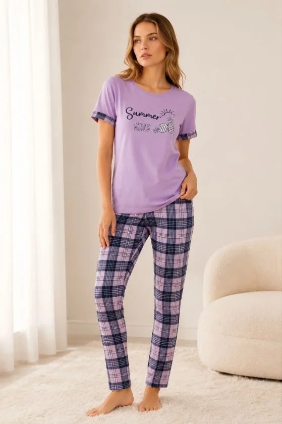 Beruflic Pamuklu Penye Summer Baskılı Kısa Kollu Pijama Takımı Bisiklet Yaka Ekose Desenli - Lila