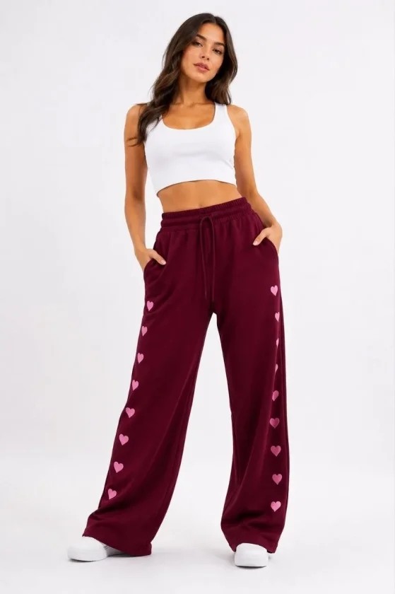 TeknoKapsül Osy Modal Yumuşak Dokulu Nakışlı Cepli Oversize Bol Paça Eşofman Altı - Bordo - Bordo / Xl