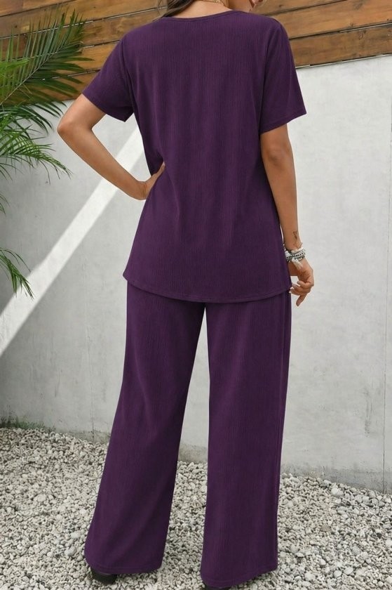 TeknoKapsül Kadın Kısa Kollu Bisiklet Yaka Asimetrik Kesim Detaylı Bürümcük Bluz ve Pantolon Ikili Takım - Mürdüm / S-M görsel 3