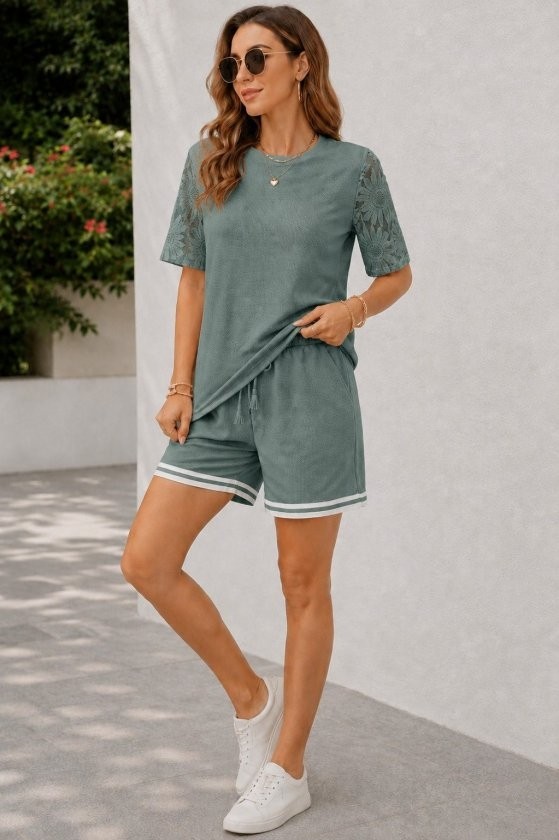 TeknoKapsül Kadın Kısa Kollu Bisiklet Yakalı Waffle Bluz ve Short Ikili Takım - Yeşil / 2xl-3xl görsel 3