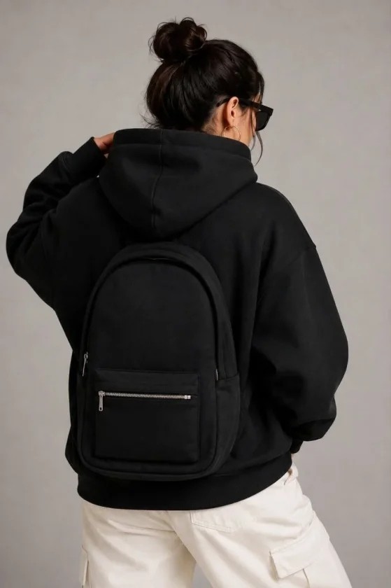 Beruflic 3 Iplik Şardonlu Tam Fermuarlı Kapüşonlu Arka Çanta Detaylı Sweatshirt - Siyah