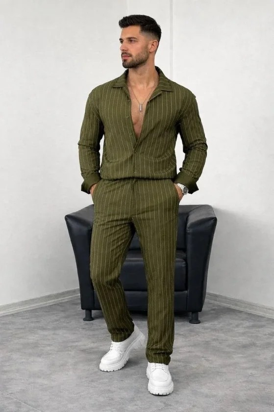Gökyüzü Moda Erkek Çizgili Krep Kumaş Krem Gömlek Pantolon Alt Üst Takım Uzun Kollu - Haki