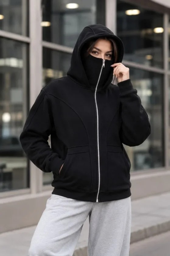 Trend Cojans Maskeli Ninja Model Çift Kapüşonlu 3 Iplik Şardonlu Fermuarlı Oversize Sweatshirt - Siyah