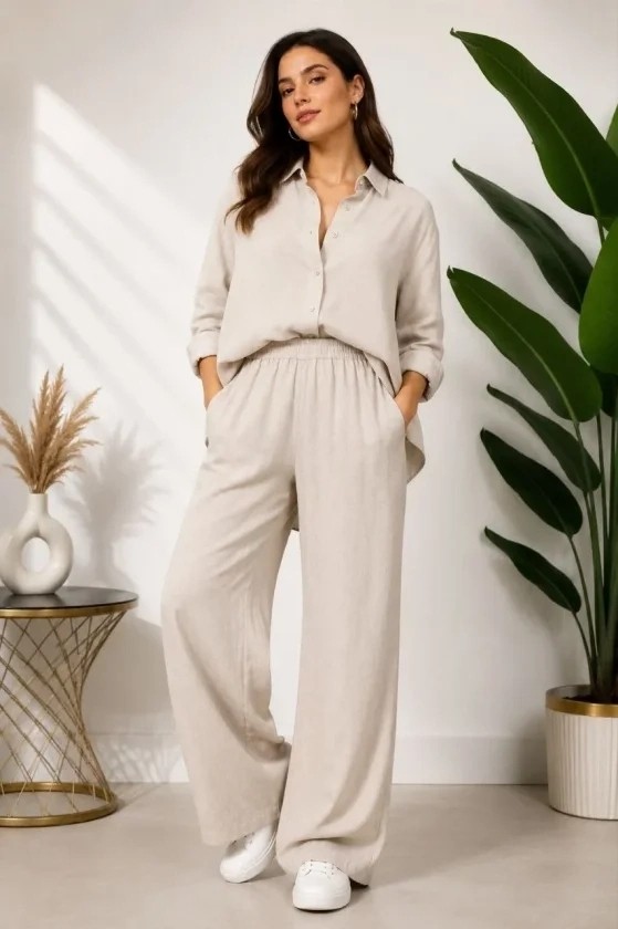 Lune Store Sofya Keten Gömlek Pantolon Alt Üst Takım Uzun Kollu - Krem