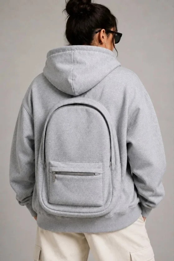3 Iplik Şardonlu Tam Fermuarlı Kapüşonlu Arka Çanta Detaylı Sweatshirt - Gri