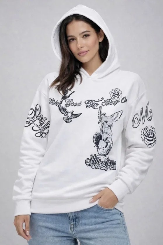 3 Iplik Pamuklu Kapüşonlu Baskılı Sweatshirt Hoodie - Beyaz