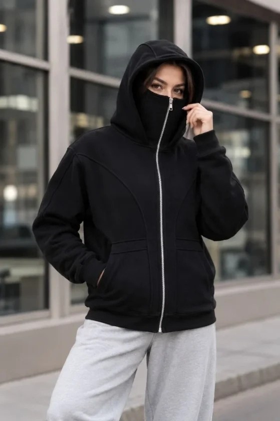Çamaşır Kenti Maskeli Ninja Model Çift Kapüşonlu 3 Iplik Şardonlu Fermuarlı Oversize Sweatshirt