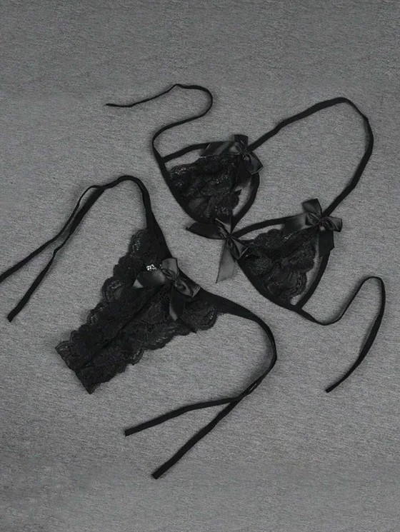 Liyuza Büyük Beden Fantezi Seksi Siyah Fiyonk Süslemeli Dantelli Sütyen String Takımı görsel 2