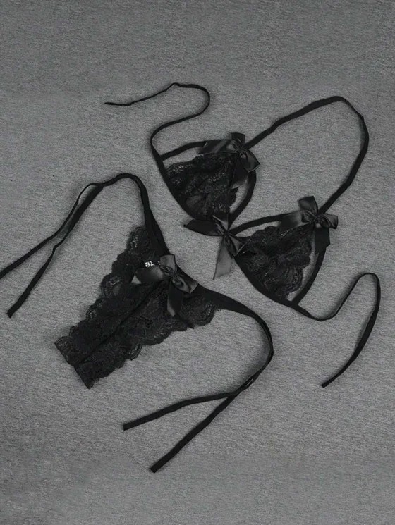 bebekokusu Tegan Büyük Beden Fantezi Seksi Siyah Fiyonk Süslemeli Dantelli Sütyen String Takımı TG279707-B görsel 2