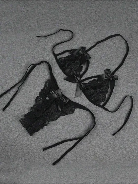 Liyuza Fantezi Seksi Siyah Fiyonk Süslemeli Dantelli Sütyen String Takımı görsel 2