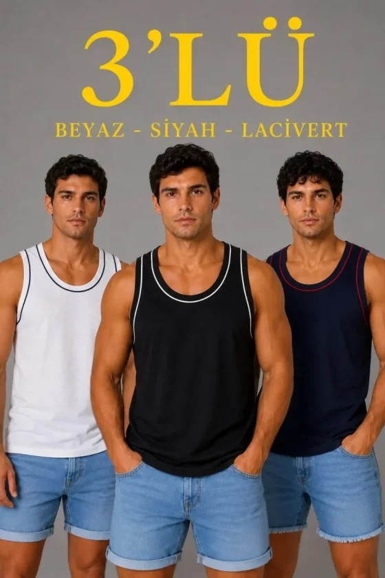 Demir Grup cc Erkek 3’lü Kolsuz Sporcu Atlet Seti Yazlık Bisiklet Yakalı - Siyah, Lacivert, Beyaz