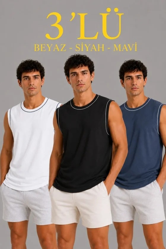 Demir Grup cc Erkek 3’lü Kolsuz Sporcu Atlet Seti Yazlık Bisiklet Yaka - Siyah, Beyaz, İndigo
