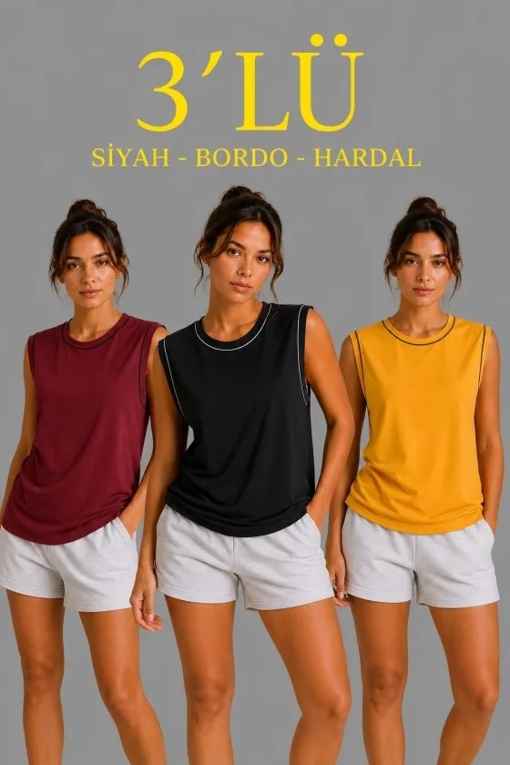 TeknoKapsül 3’lü Kolsuz Sporcu Atlet Seti Yazlık Bisiklet Yaka - Siyah, Bordo, Hardal - Çok Renkli / M
