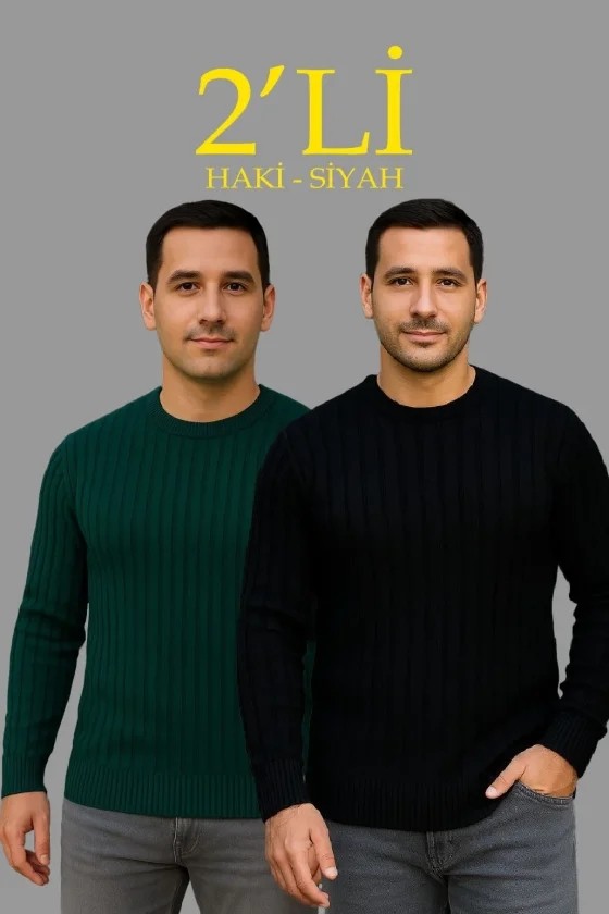 TeknoKapsül Erkek Fitilli Triko Kazak 2’li Set Siyah Haki Kalın Dokuma Pamuklu Regular Fit Bisiklet - Siyah - Haki / L