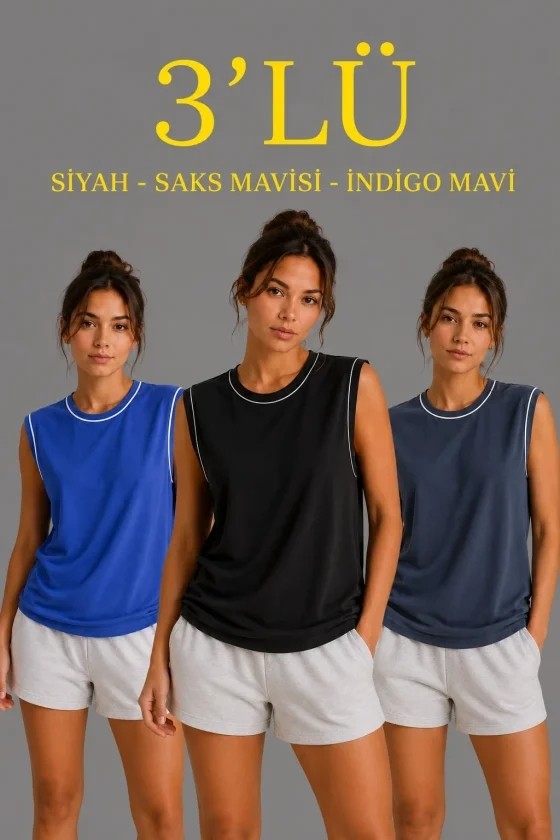 TeknoKapsül 3’lü Kolsuz Sporcu Atlet Seti Yazlık Bisiklet Yaka - Siyah, Saks Mavisi, Indigo - Çok Renkli / 2xl
