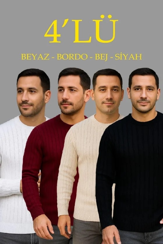 TeknoKapsül Erkek Fitilli Triko Bisiklet Yaka Kalın Kazak 4lü Set Beyaz-Bebek Mavisi-Gri-Siyah - Çok Renkli / L