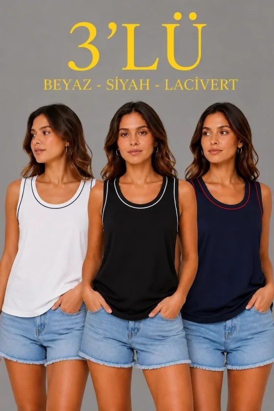 TeknoKapsül 3’lü Kolsuz Sporcu Atlet Seti Yazlık Bisiklet Yakalı - Siyah, Lacivert, Beyaz - Çok Renkli / S