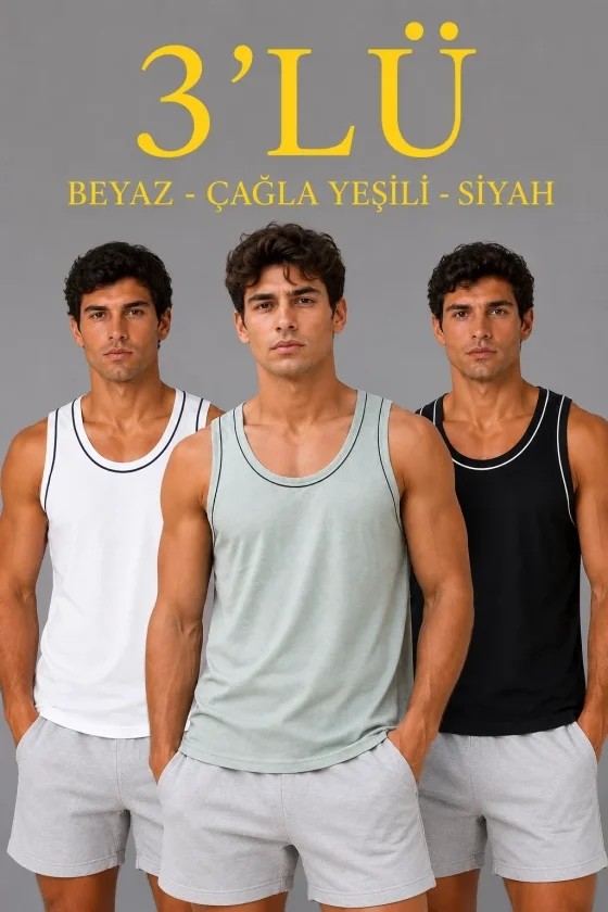 TeknoKapsül Erkek 3’lü Kolsuz Sporcu Atlet Seti Yazlık Bisiklet Yakalı - Mint Yeşili, Siyah, Beyaz - Çok Renkli / Xl