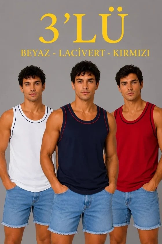 TeknoKapsül Erkek 3’lü Kolsuz Sporcu Atlet Seti Yazlık Bisiklet Yakalı - Lacivert, Kırmızı, Beyaz - Çok Renkli / S