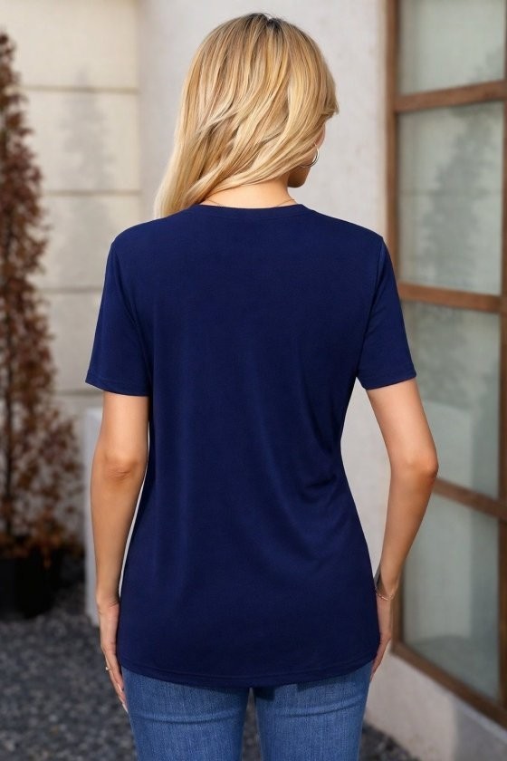 TeknoKapsül Kadın Kısa Kollu V Yakalı Önü Düğmeli Viskon Bluz - Lacivert / L-Xl görsel 3