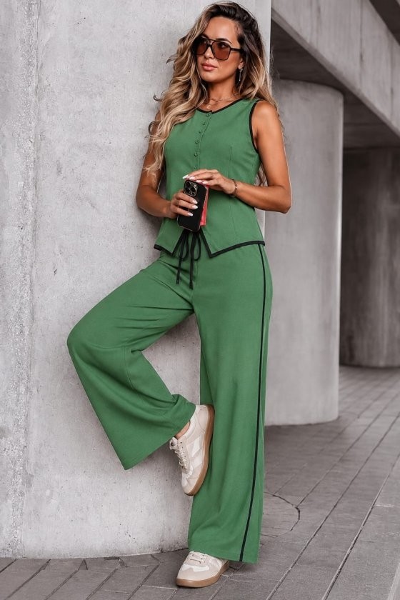 TeknoKapsül Kadın Kolsuz Önü Düğmeli Yelek ve Pantolon Ikili Takım - Yeşil / 2xl-3xl