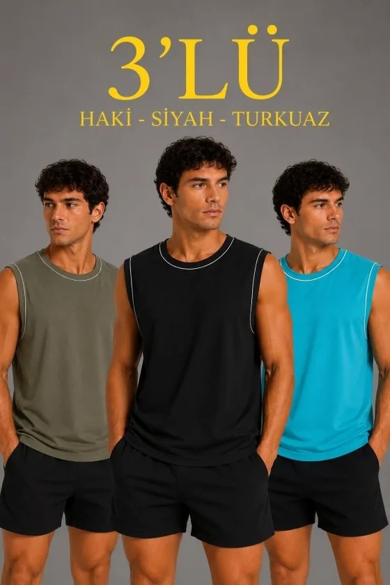 TeknoKapsül Erkek 3’lü Kolsuz Sporcu Atlet Seti Yazlık Bisiklet Yaka - Siyah, Haki, Açık Mavi - Çok Renkli / M