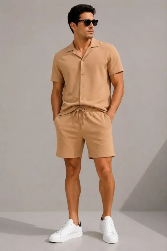 TeknoKapsül Erkek 3’lü Krep Kumaş Cepli Gömlek Şort Takım Kısa Kollu Bağcıklı - Füme, Siyah, Bej - Çok Renkli / 2xl görsel 8