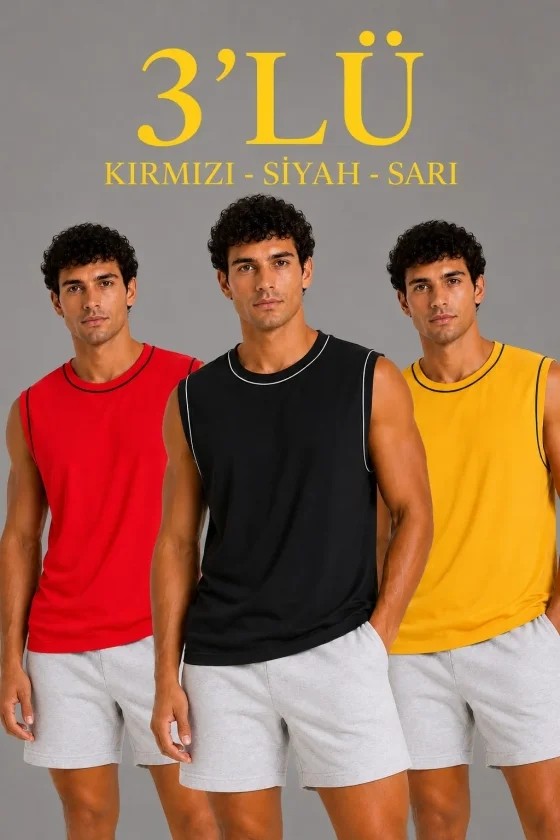 TeknoKapsül Erkek 3’lü Kolsuz Sporcu Atlet Seti Yazlık Bisiklet Yaka - Siyah, Kırmızı, Sarı - Çok Renkli / S