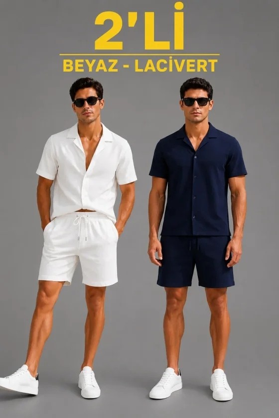 TeknoKapsül Erkek 2li Krep Kumaş Cepli Gömlek Şort Takım Kısa Kollu Bağcıklı - Beyaz - Lacivert - Çok Renkli / 2xl