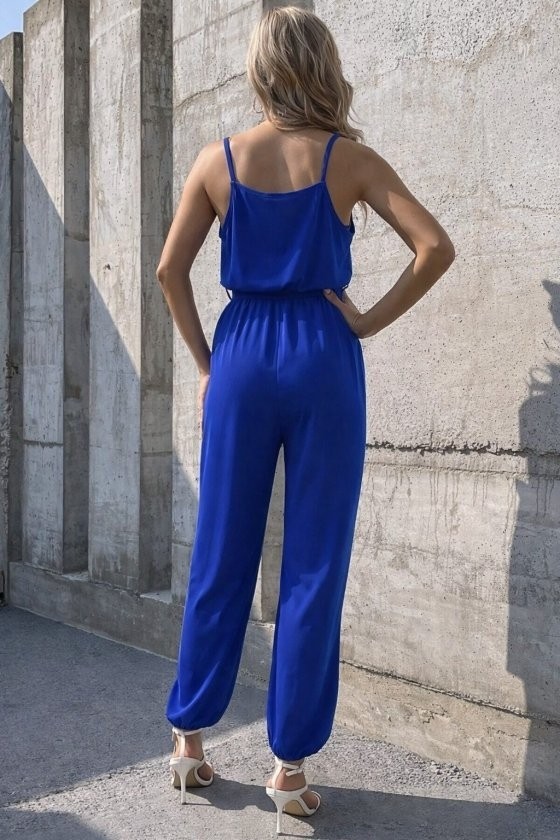 TeknoKapsül Kadın Ip Askılı Kruvaze Yakalı Belden Kuşaklı Uzun Sandy Tulum - Saks Mavi / 2xl-3xl görsel 3