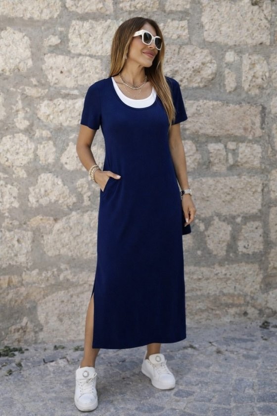 TeknoKapsül Kadın Kısa Kollu Içi Atlet Görünümlü Yandan Yırtmaçlı Uzun Viskon Elbise - Lacivert / L-Xl