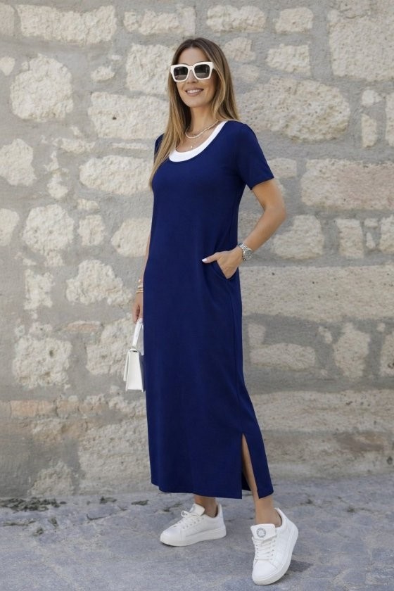 TeknoKapsül Kadın Kısa Kollu Içi Atlet Görünümlü Yandan Yırtmaçlı Uzun Viskon Elbise - Lacivert / L-Xl görsel 3