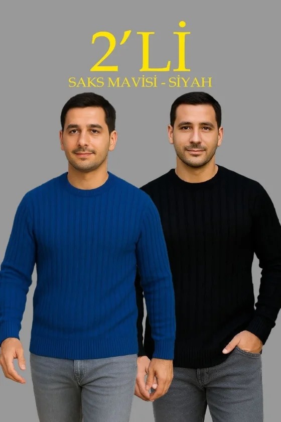 Civetta Erkek Fitilli Triko Kazak 2’li Set Siyah Saks Mavisi Kalın Dokuma Pamuklu Regular Fit