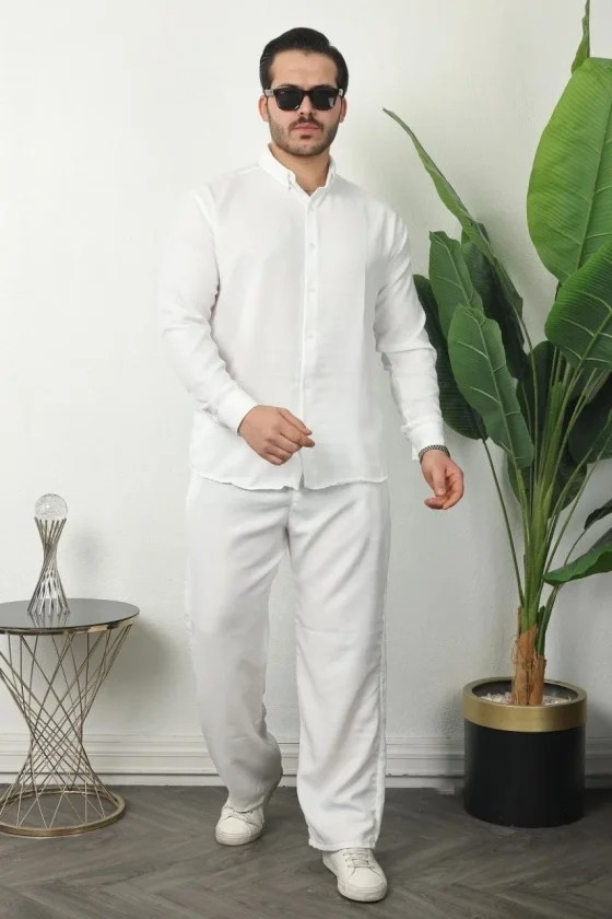 Gökyüzü Moda Erkek Sofya Keten Gömlek Pantolon Alt Üst Takım Uzun Kollu - Beyaz