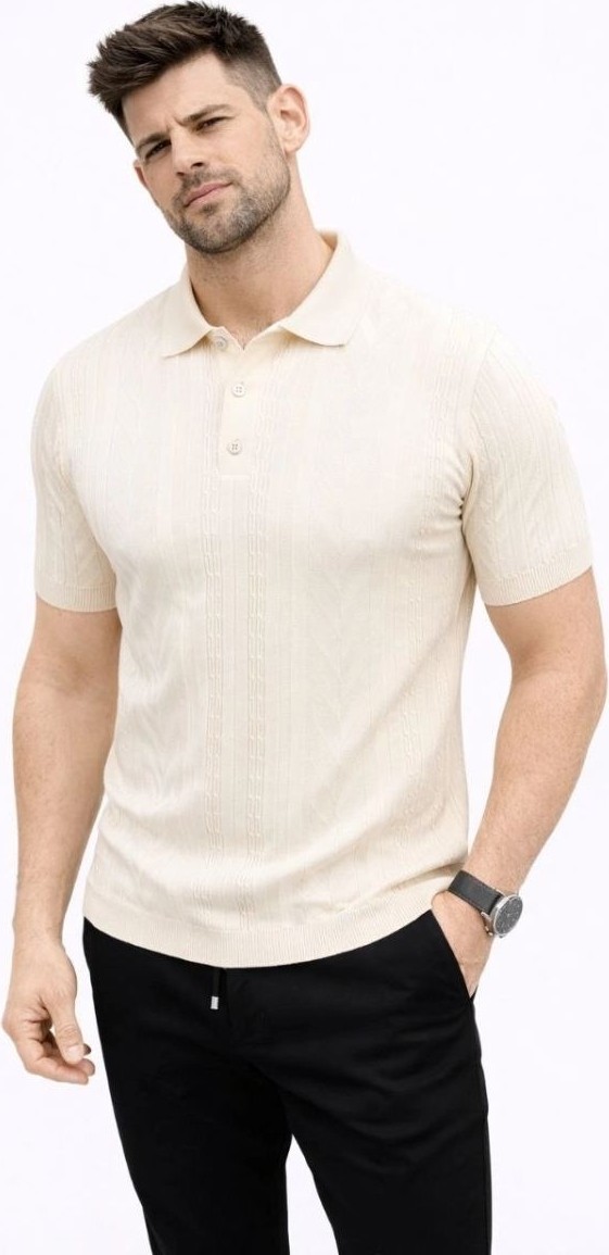 Fantastik Store Erkek Yazlık Triko Tişört Kısa Kol Polo Yaka Düğmeli T-Shirt - Krem görsel 3