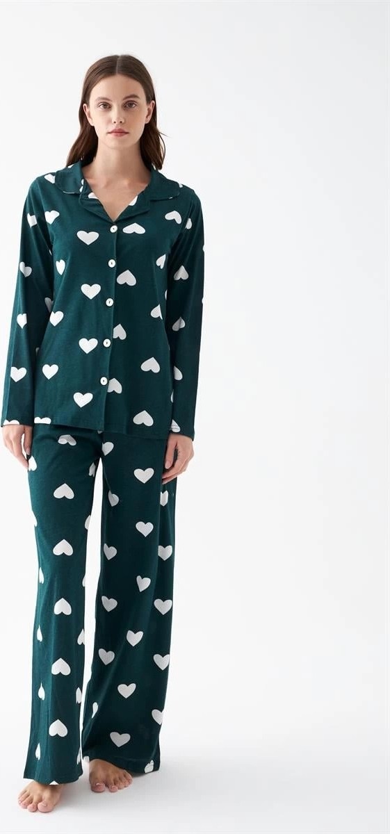 mery Kadın Zümrüt Yeşili Kalp Desenli Düğmeli Pamuklu Pijama Takımı Mery