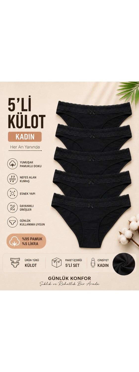 Nicoletta Kadın Külot 5 Li Paket Likralı Pamuklu Geniş Dantel Lastikli görsel 5