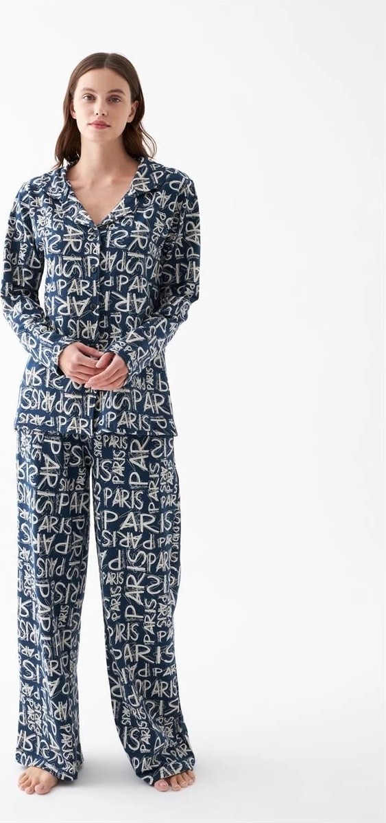 mery Kadın Lacivert “paris” Yazı Desenli Düğmeli Pamuklu Pijama Takımı Mery görsel 2